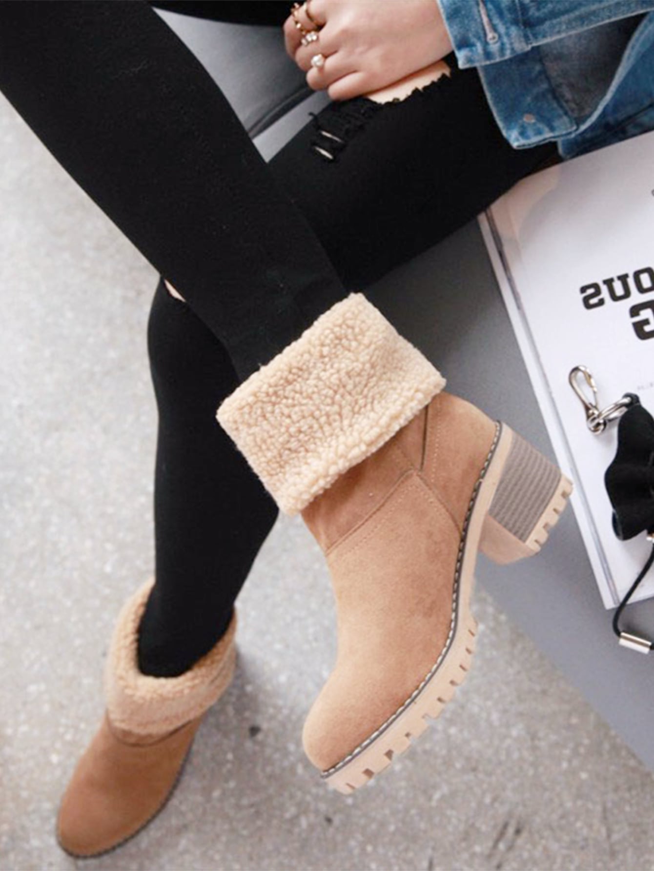 Naotstore - Suedette Cotton Lining Chunky Heeled Snow Boots