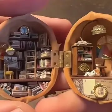 š Handmade.Walnut Shell Doll House--mini library, tiny World inside walnuts