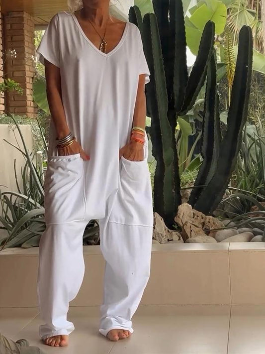 Naotstore - Casual V-neck Solid Color Jumpsuit