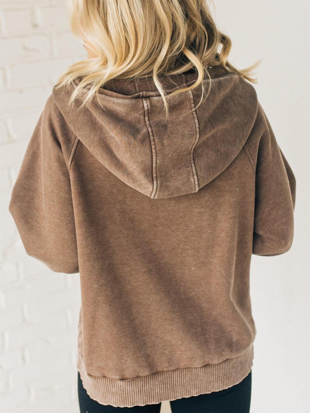 Naotstore - Women's Zip Henley Acid Wash Fleece Hoodie