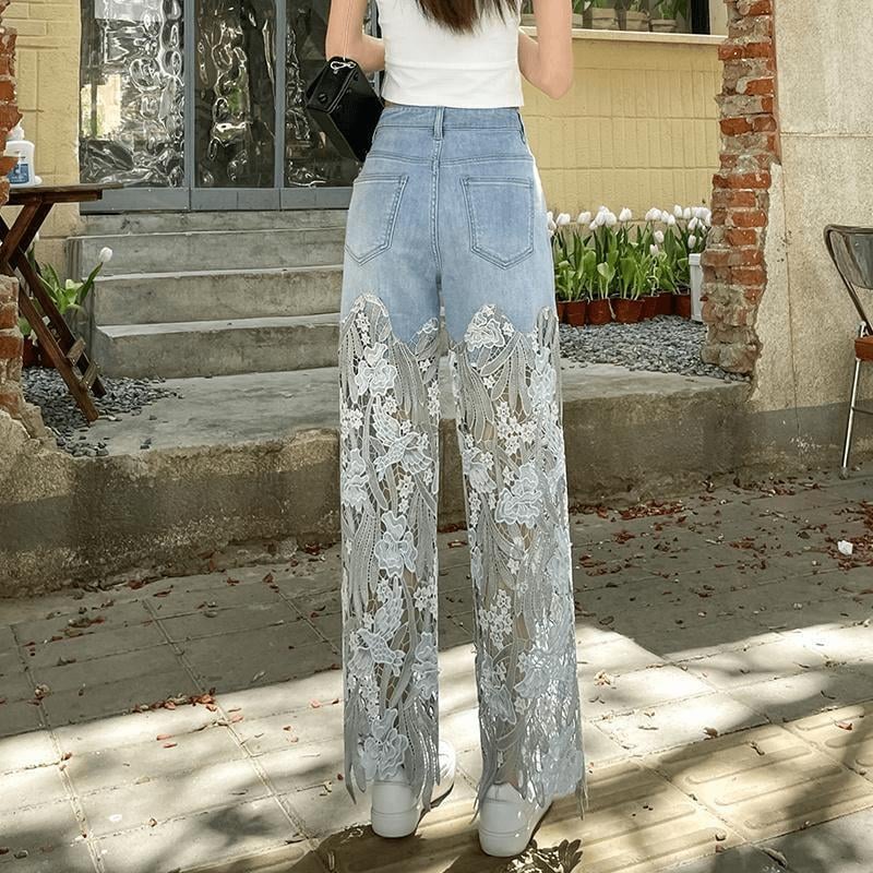 šHottest recommendations - Handmade Hollow Lace Patchwork Jeans - naotstore