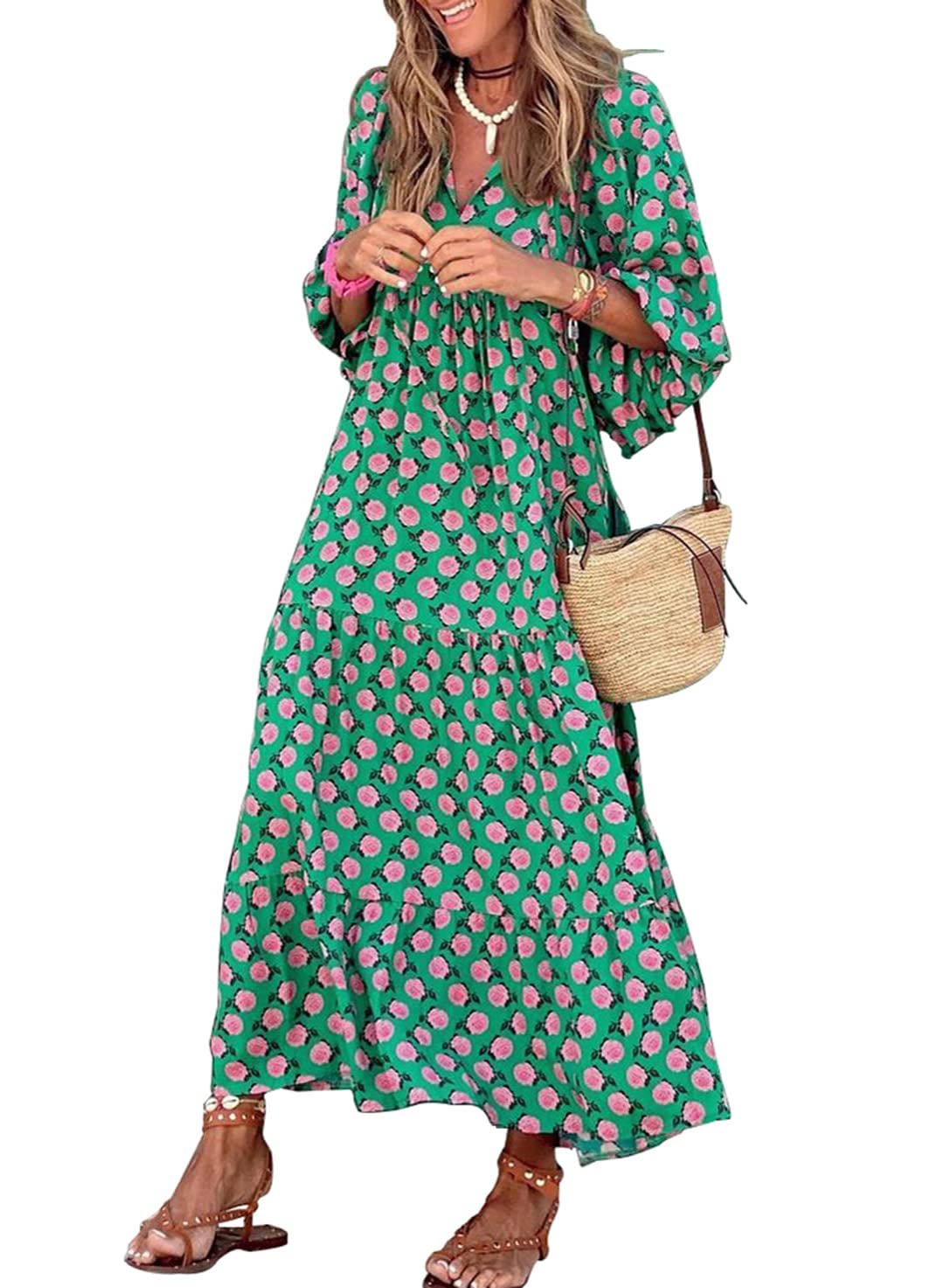 Naotstore - Women's Puff Sleeve Floral Boho Maxi Dress
