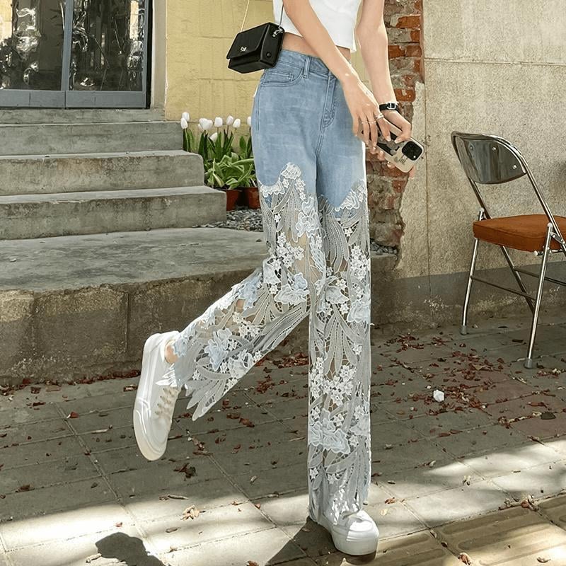 šHottest recommendations - Handmade Hollow Lace Patchwork Jeans - naotstore