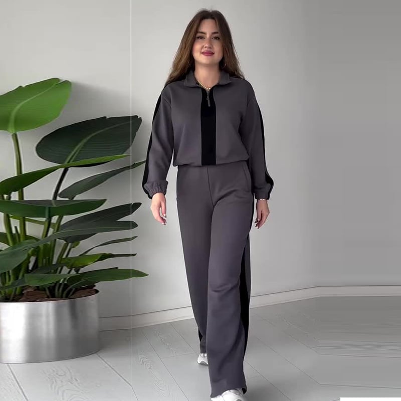 Naotstore - Women's Zipper Lapel Tops & Pants 2-Piece Set