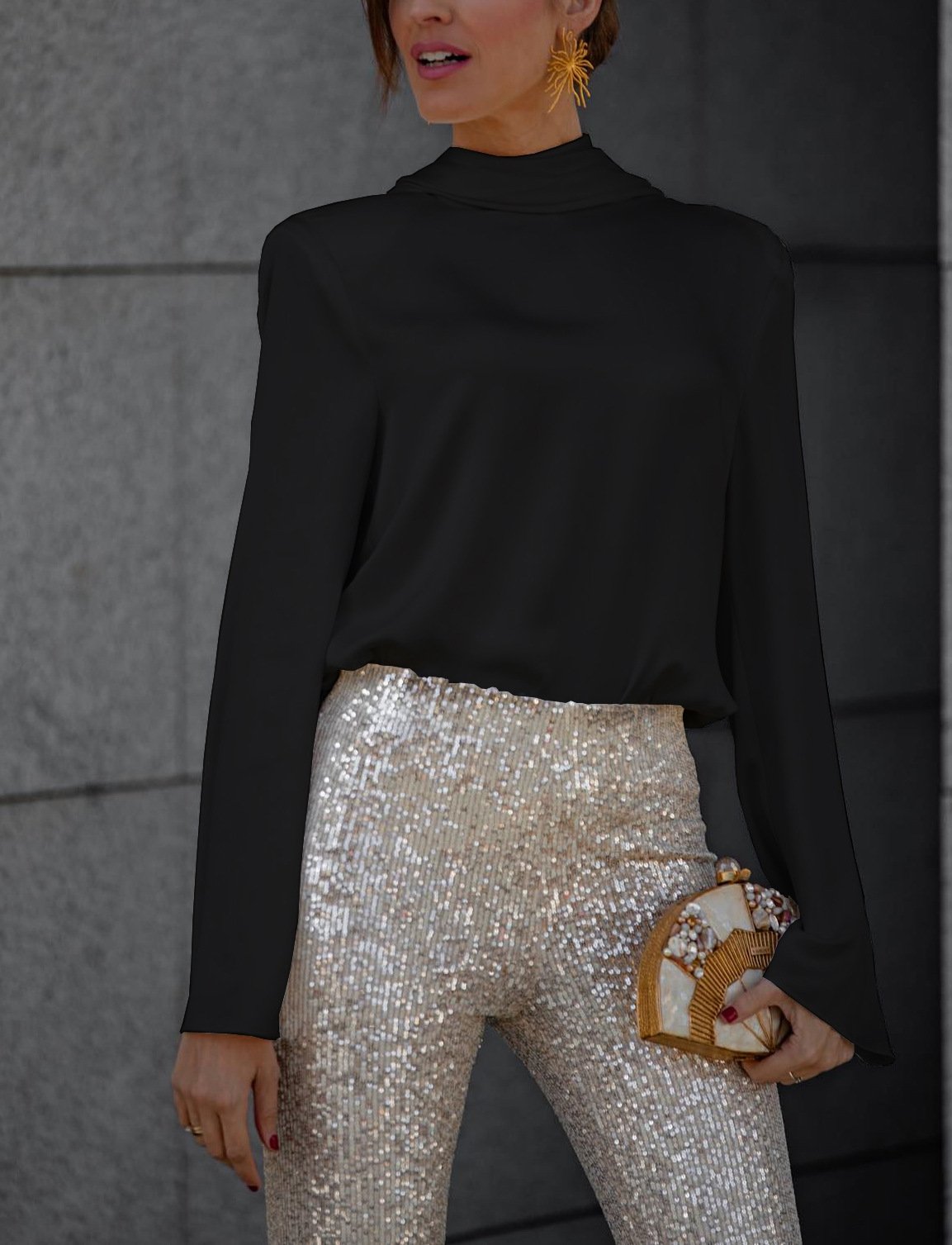 Naotstore - Satin Back Chain Cowl Neck Shirt & Sequined Slim Fit Flare Pants