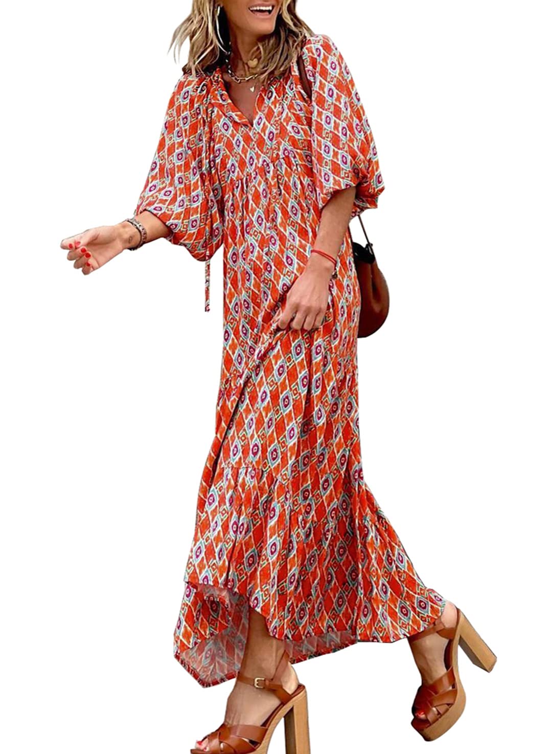 Naotstore - Women's Puff Sleeve Floral Boho Maxi Dress
