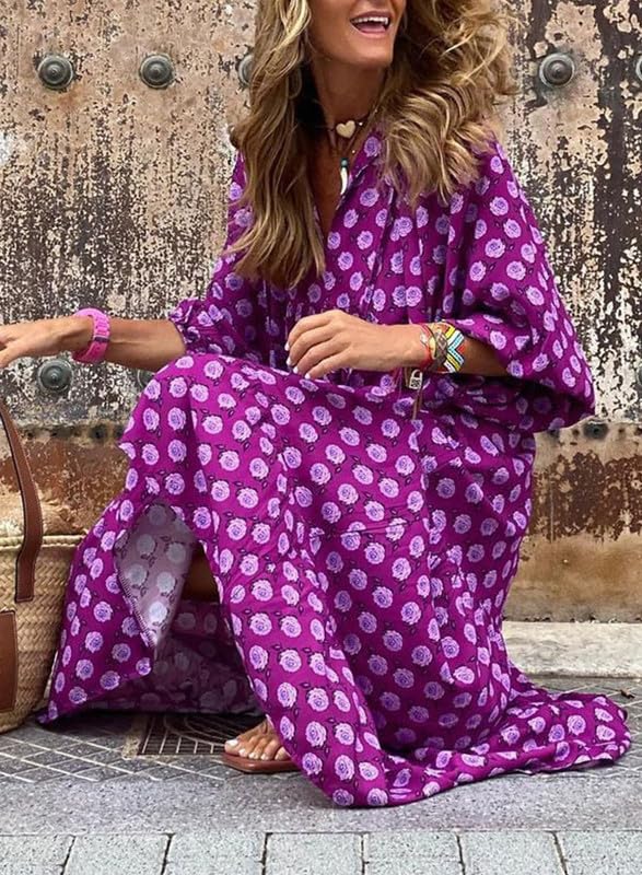 Naotstore - Women's Puff Sleeve Floral Boho Maxi Dress