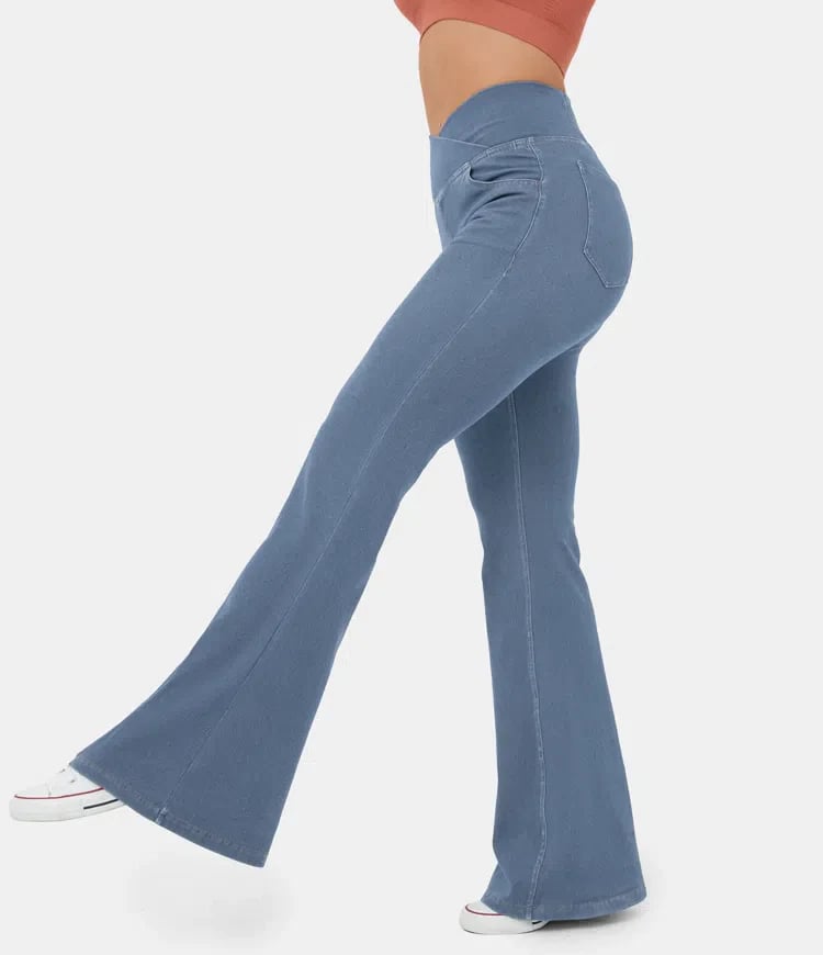 Naotstore - Stretchy Denim High Waisted Crossover Flare Pants