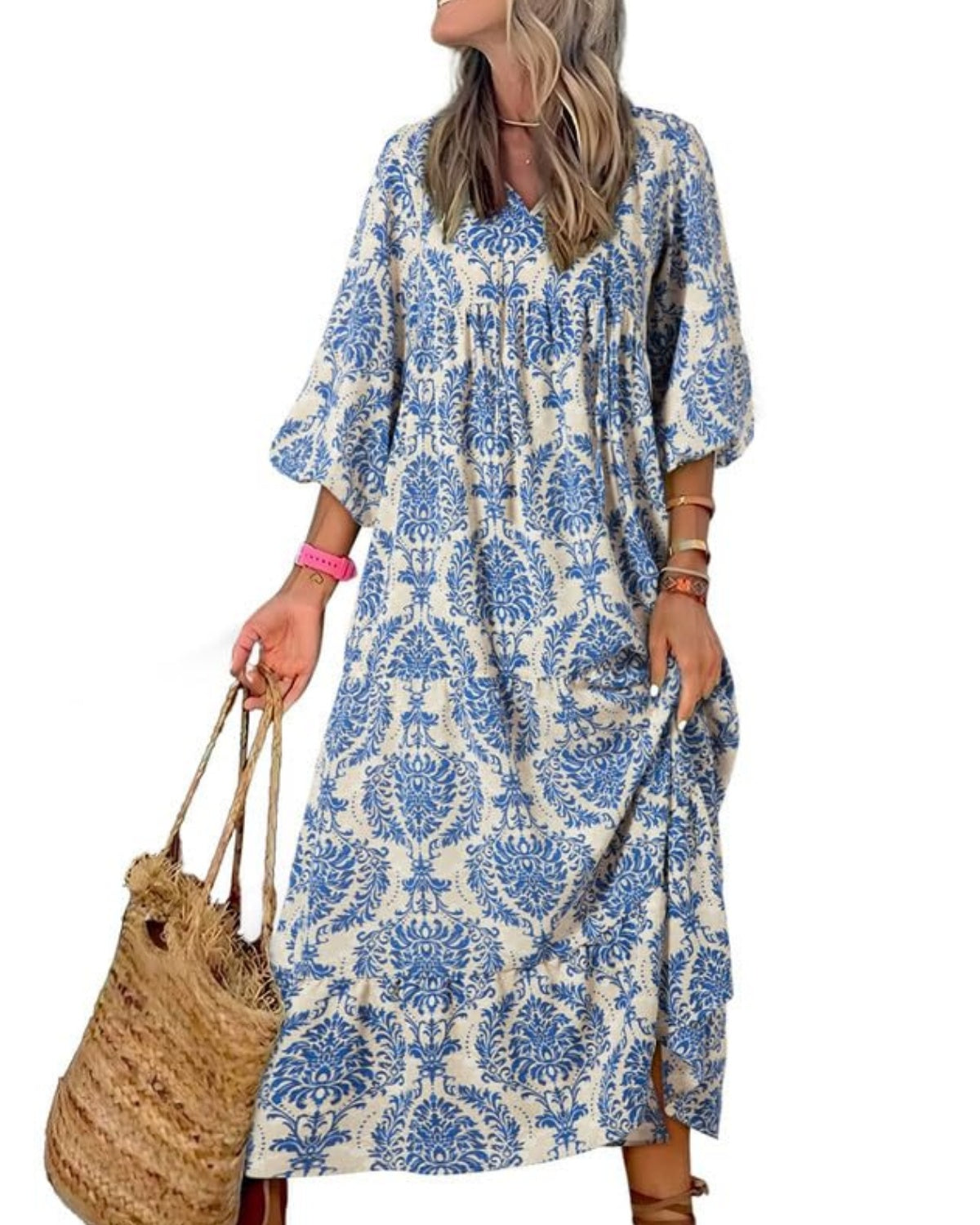 Naotstore - Women's Puff Sleeve Floral Boho Maxi Dress