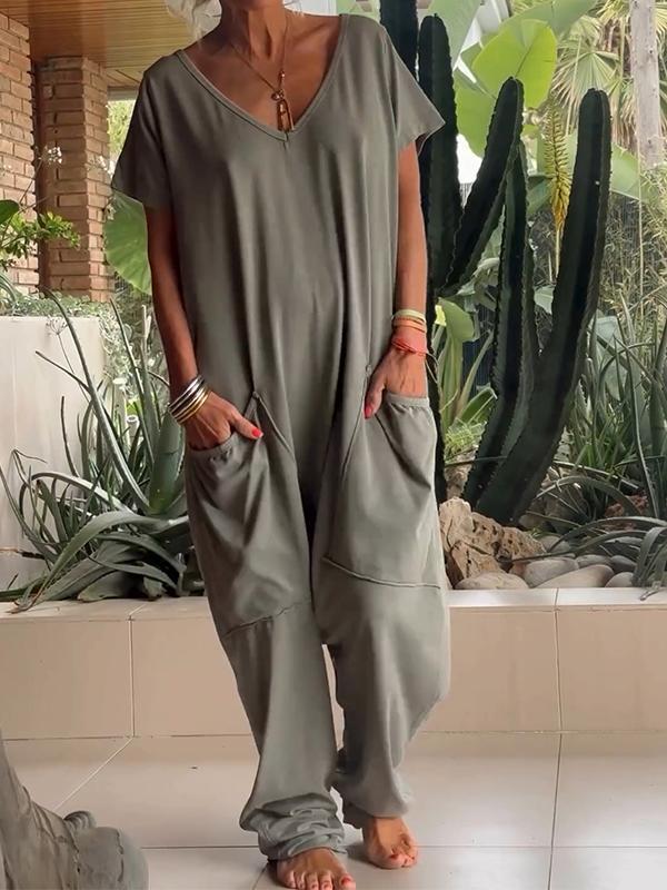 Naotstore - Casual V-neck Solid Color Jumpsuit