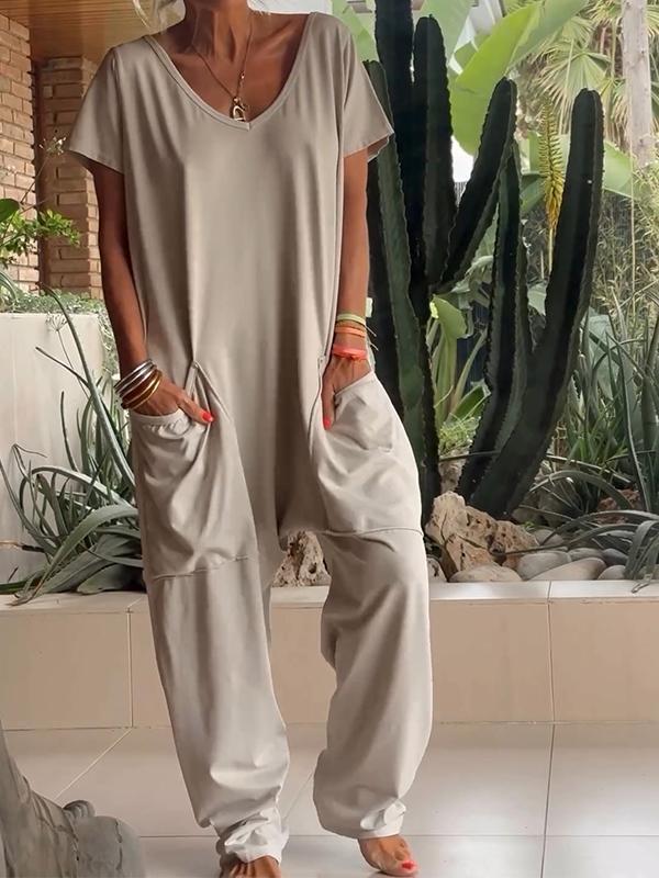 Naotstore - Casual V-neck Solid Color Jumpsuit