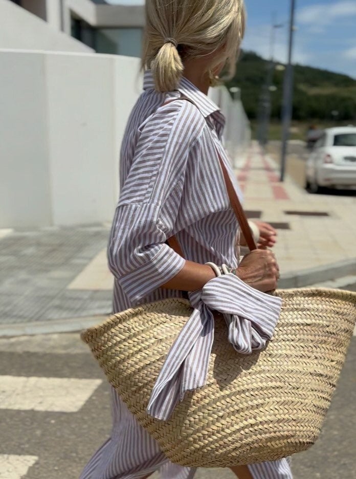 Naotstore - Classic Striped Lace-Up Shirt Dress