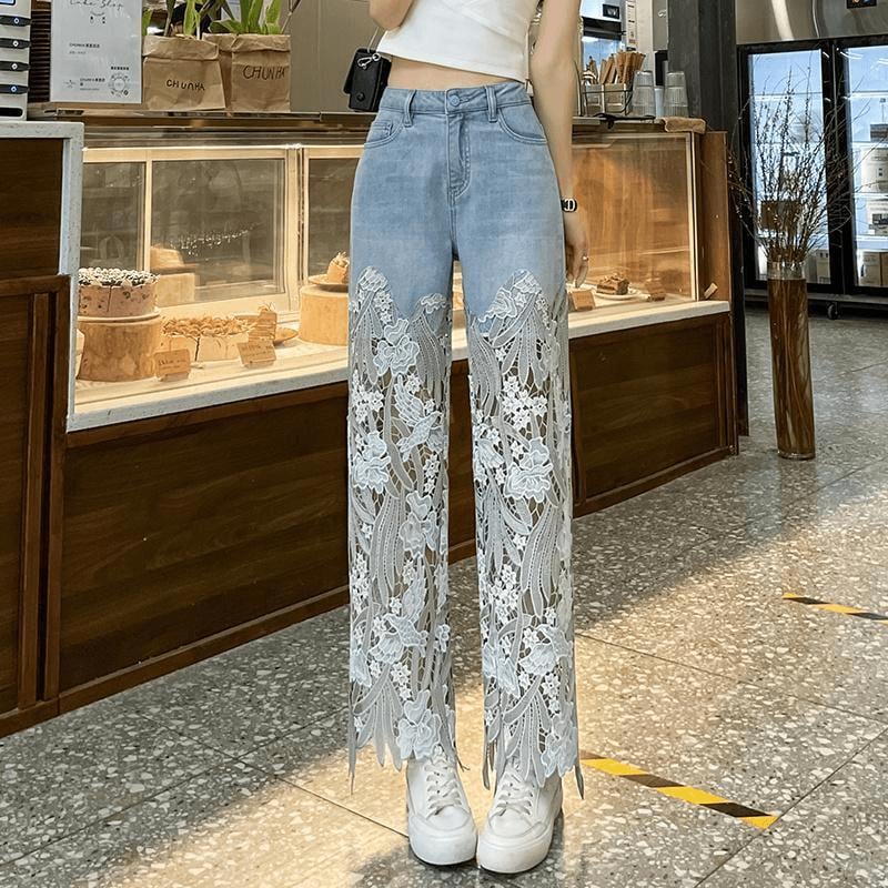 šHottest recommendations - Handmade Hollow Lace Patchwork Jeans - naotstore