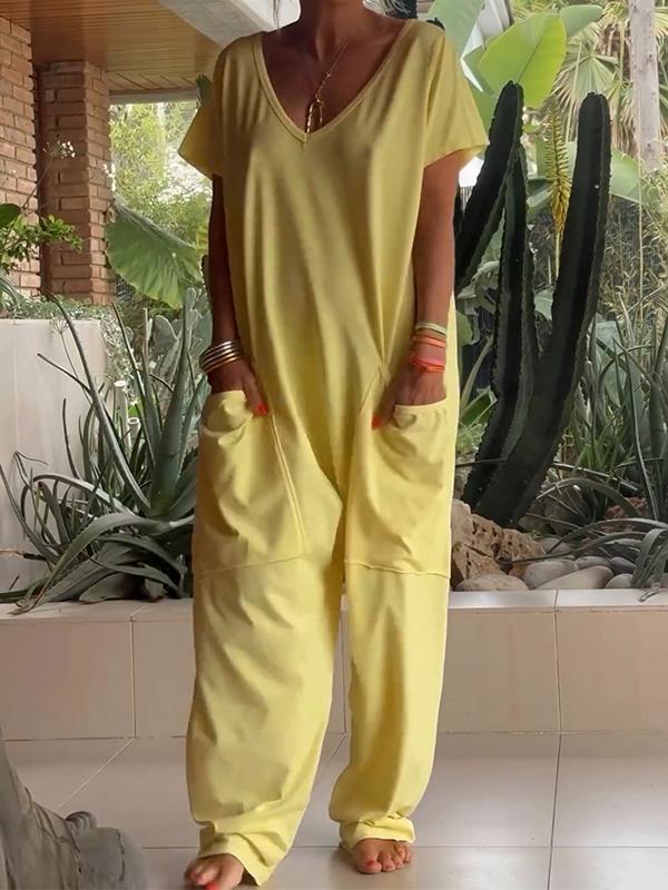 Naotstore - Casual V-neck Solid Color Jumpsuit