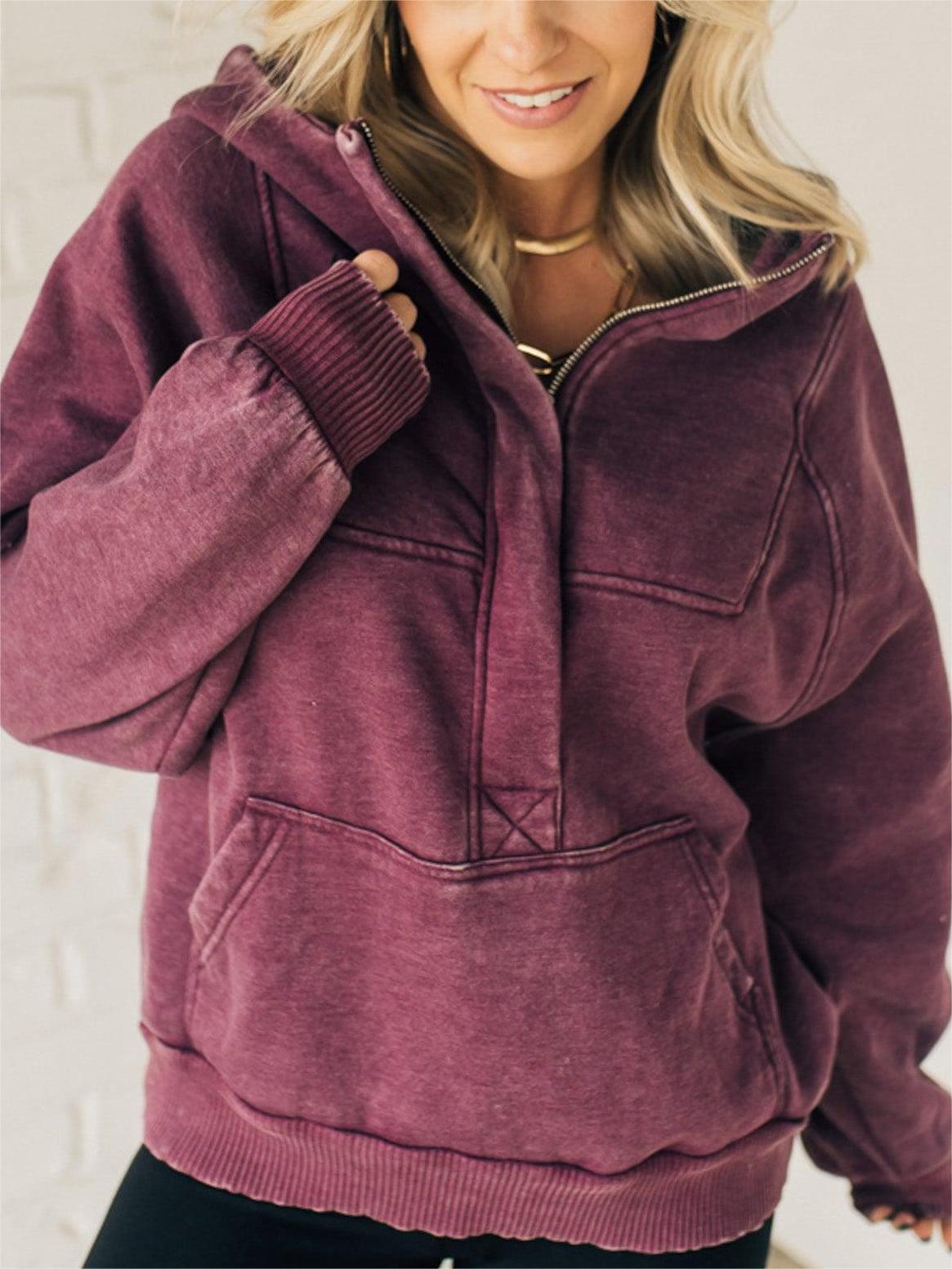 Naotstore - Women's Zip Henley Acid Wash Fleece Hoodie