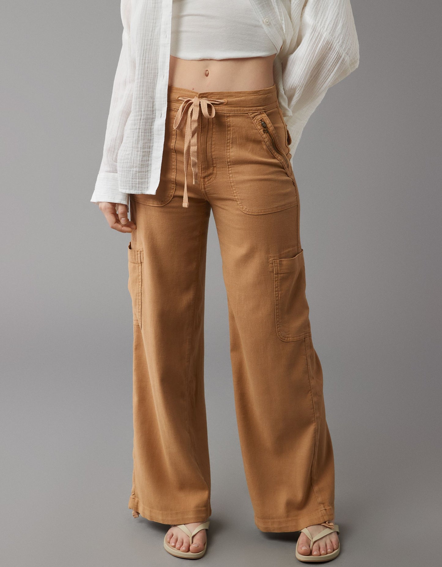 Naotstore - Linen-Blend Wide-Leg Cargo Pant