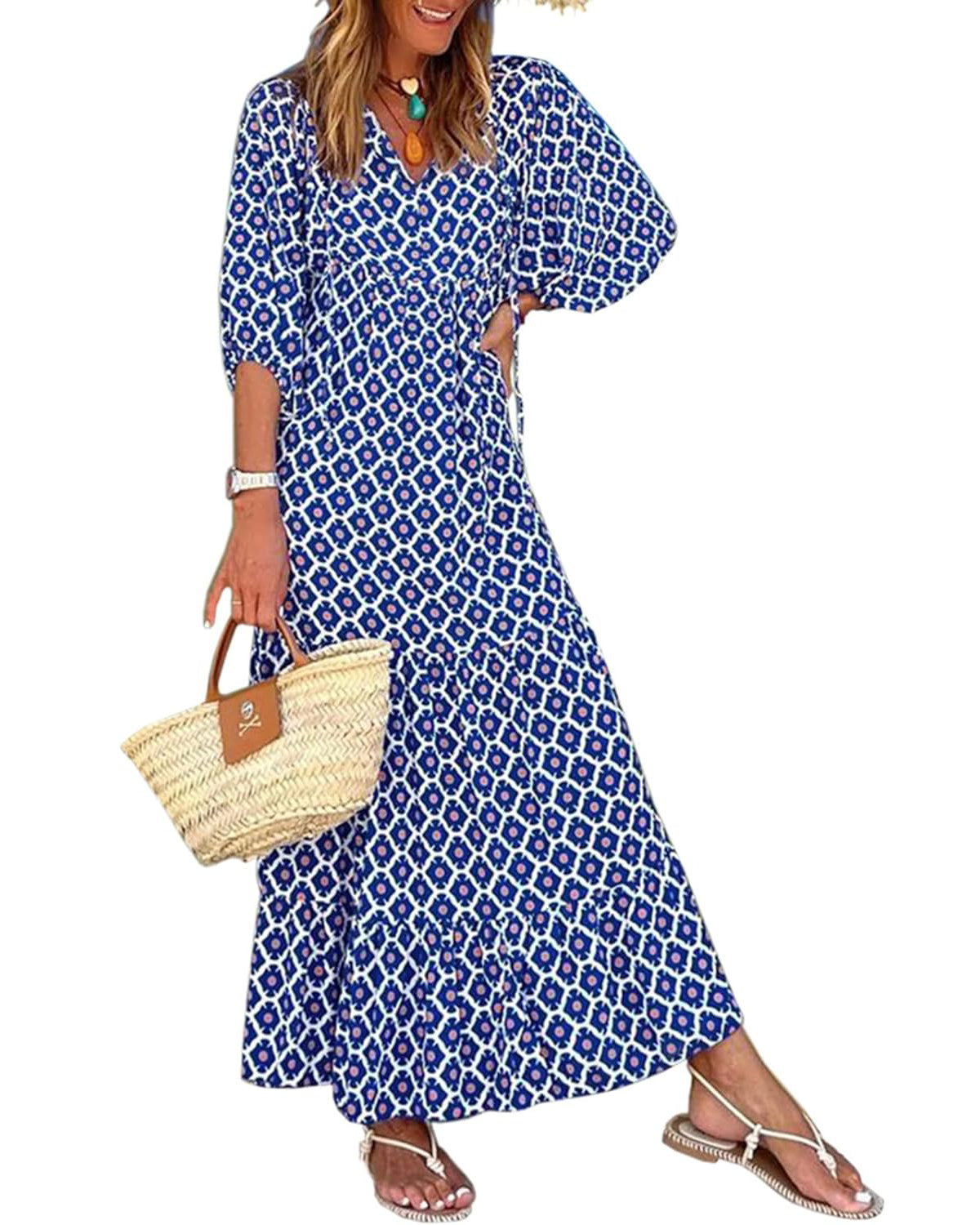 Naotstore - Women's Puff Sleeve Floral Boho Maxi Dress