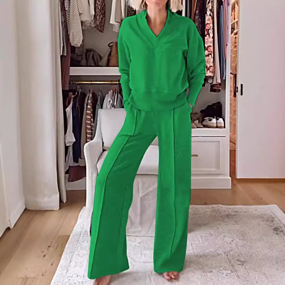 Naotstore - Women's Solid Color V-neck Top & Pants Two-piece Set-II