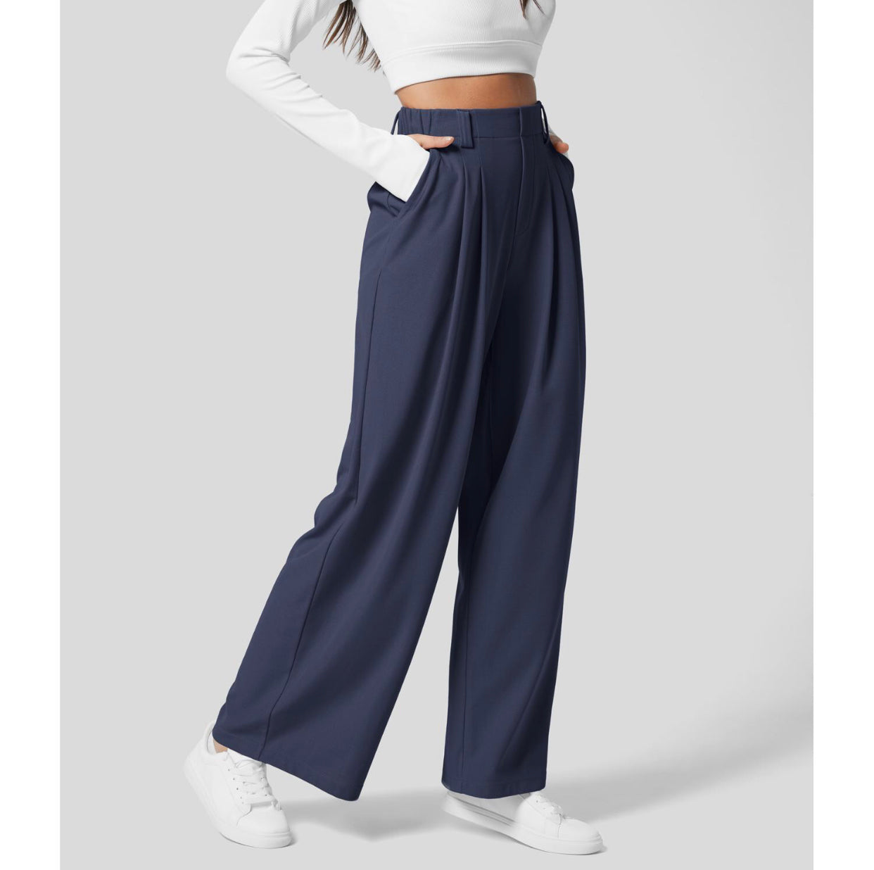 Naotstore - High Waisted Plicated Side Pocket Wide Leg Waffle Casual Pants