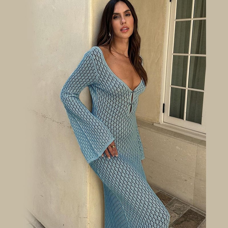 Naotstore - Crochet Fishtail Flare Sleeve Maxi Dress