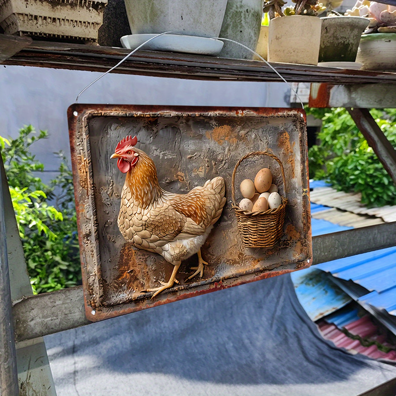 Naotstore - Vintage Chicken & Fresh Eggs Metal Sign - Rustic Wall Decor