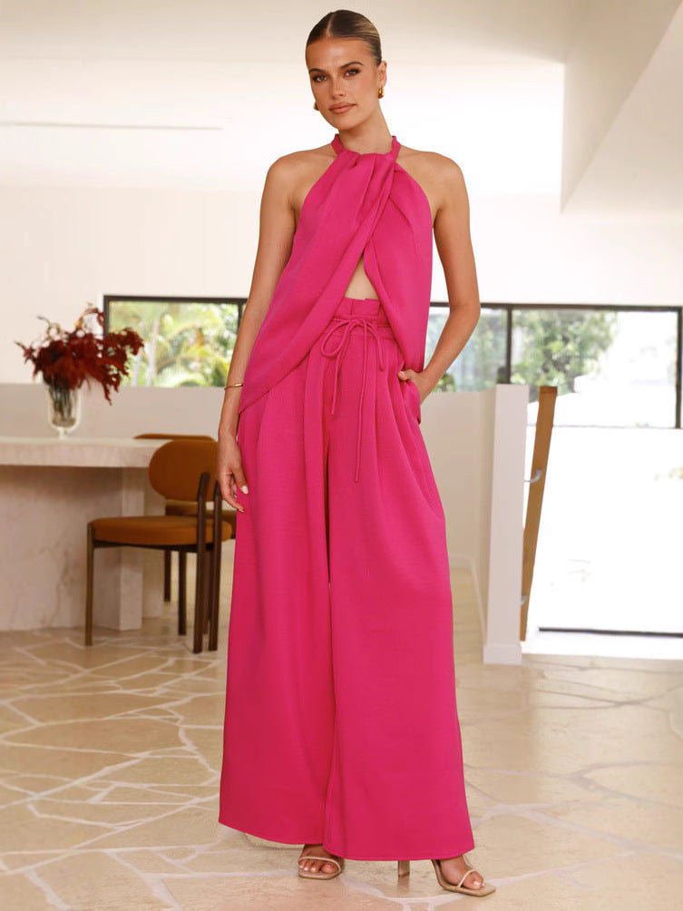 👚Summer sale 50% off 👚 - Hanging neck slit top and wide-leg pants set