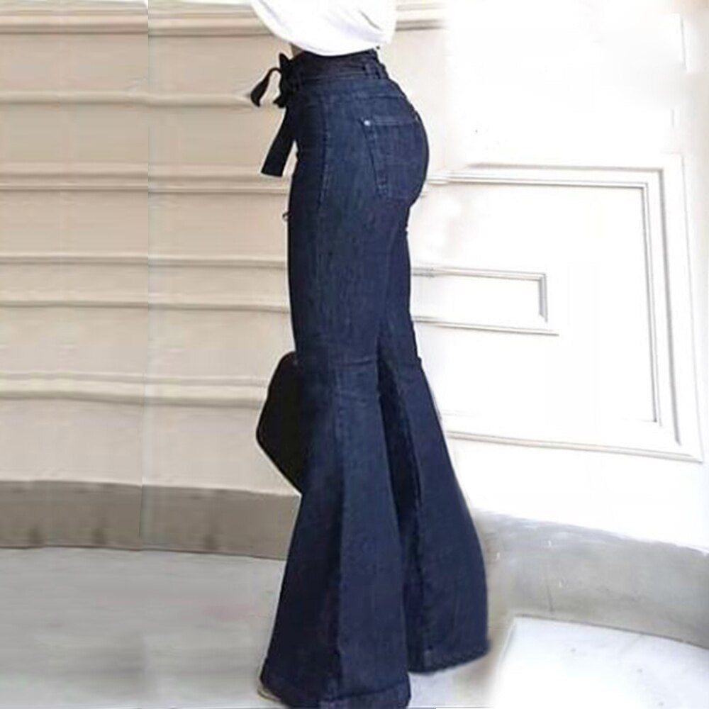 Naotstore - Women High Waist Bandage Wide Leg Denim Jeans