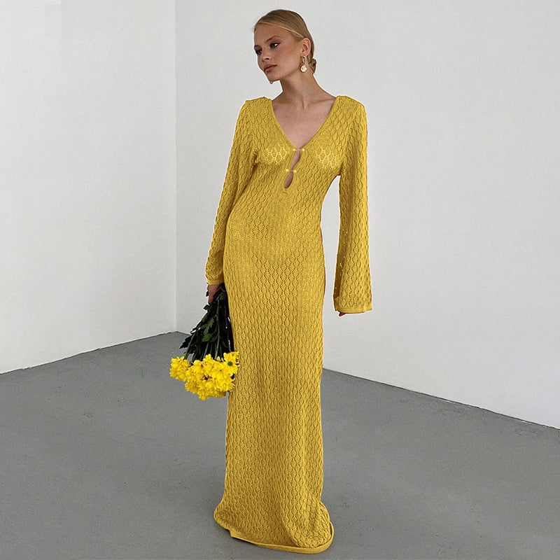 Naotstore - Crochet Fishtail Flare Sleeve Maxi Dress