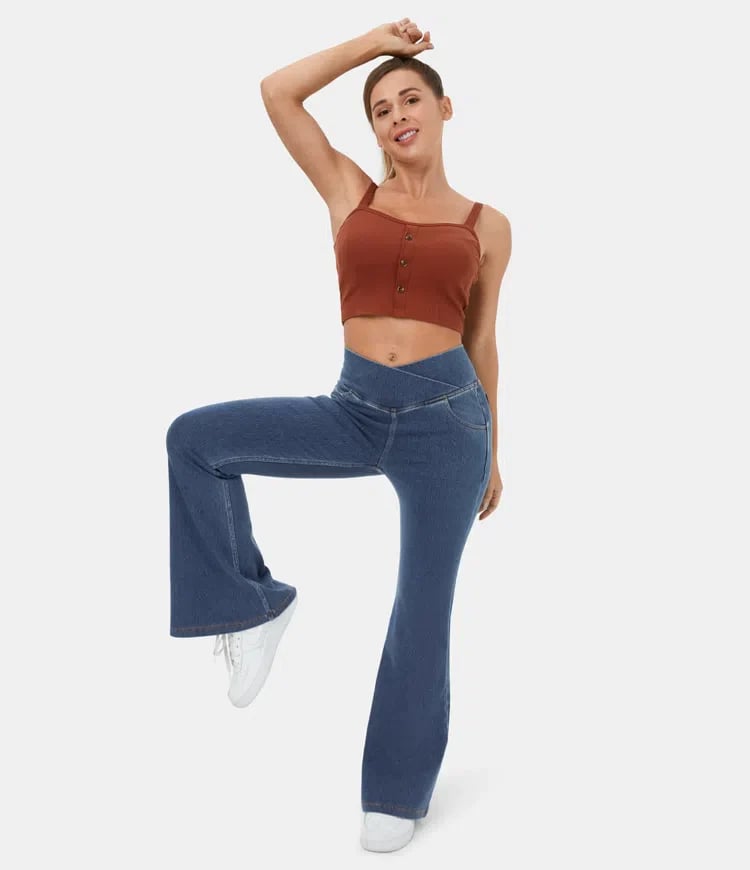 Naotstore - Stretchy Denim High Waisted Crossover Flare Pants