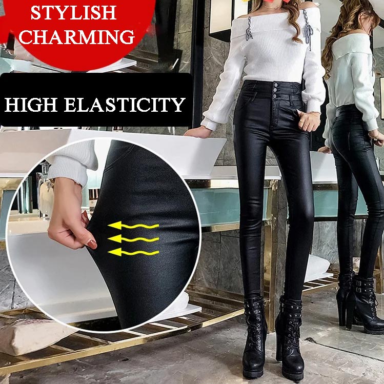 Naotstore - Nice Gift! 3-button Quilted Matte Leather Leggings for Women