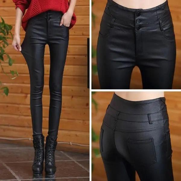 Naotstore - Nice Gift! 3-button Quilted Matte Leather Leggings for Women