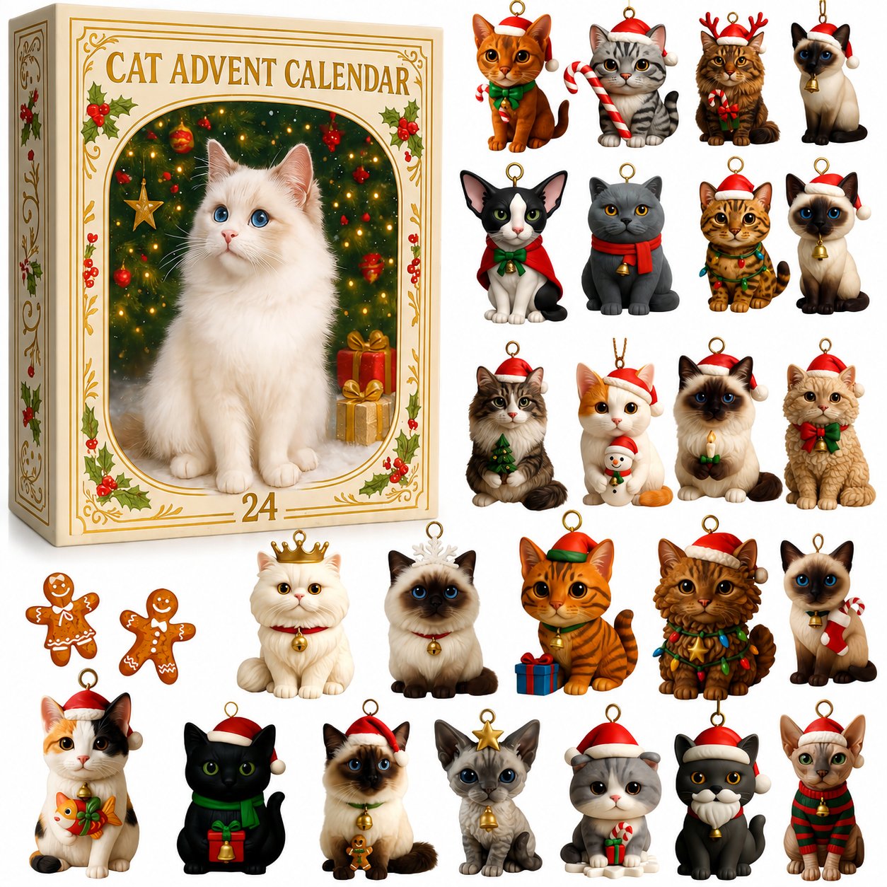 💥24‑Day Christmas Countdown Calendar🐱 Adorable Cat Tree Ornaments