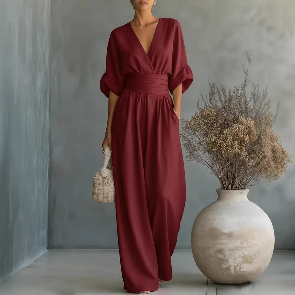 👠👠Hot sale Women's Solid-Color Elegant V-Neck Jumpsuit with Waist-Defining Fit