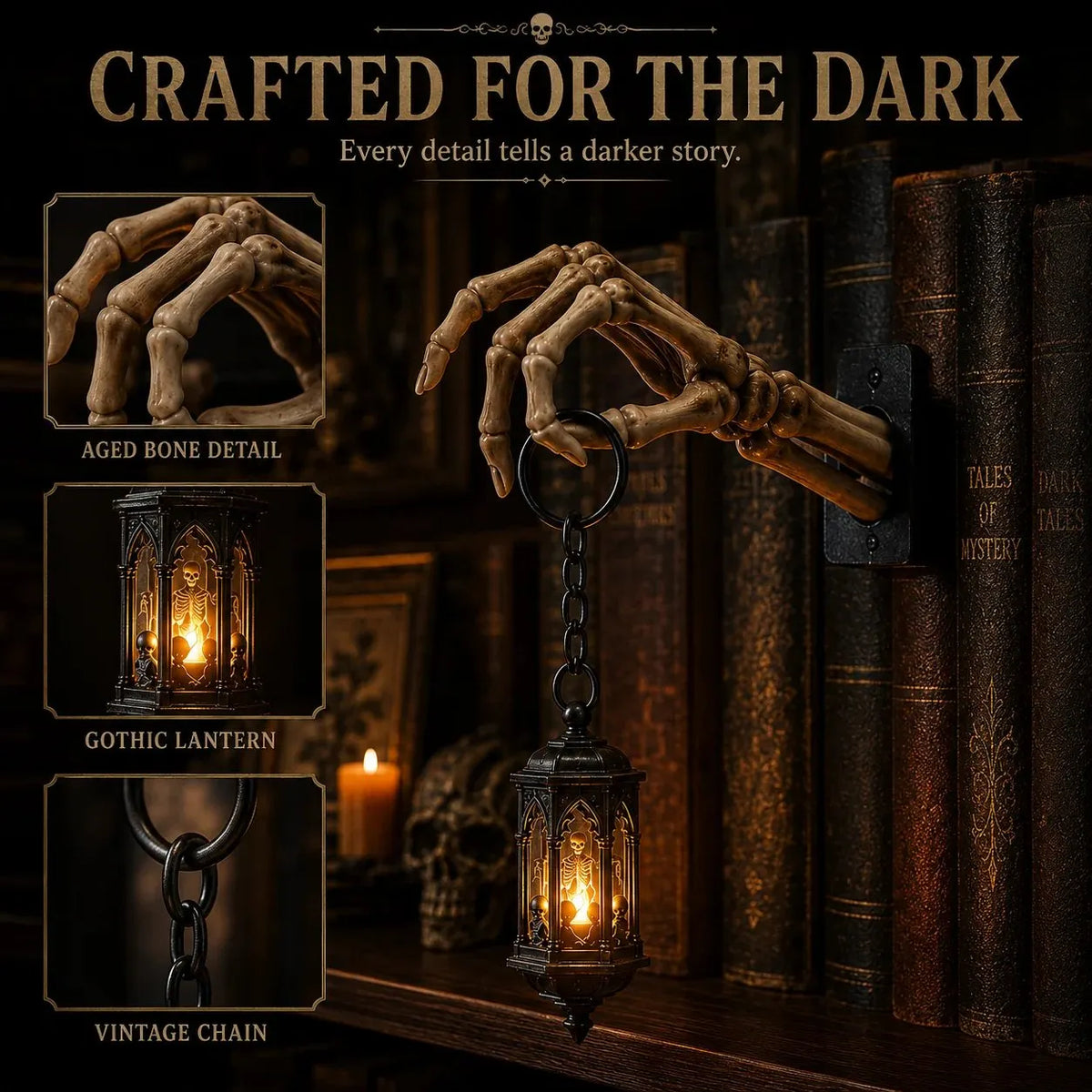 ⏳ Last Day 49% OFF – 💀 Skeleton Hand Lantern Bookshelf Light | Battery-Powered Gothic Shelf Décor with Warm Amber LED, Cord-Free Design & No-Tool Setup 🕯️