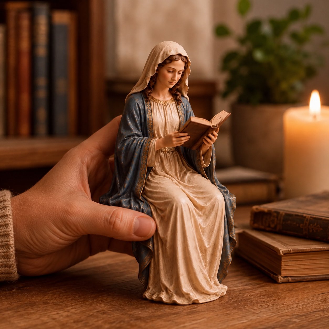 A serene statue of the Virgin Mary reading.