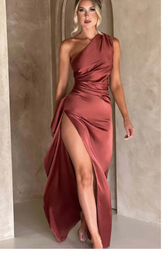 👗Elegant High Slit Satin One Shoulder Formal Evening Dress Women