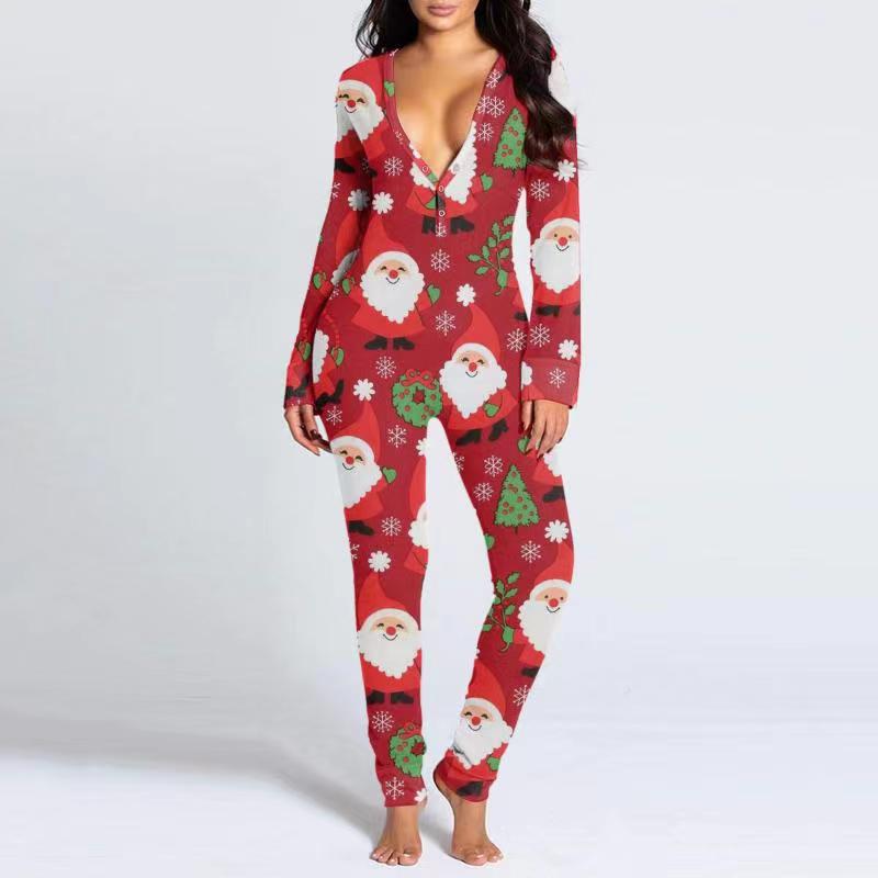 Naotstore - Christmas Button Flap Sexy Jumpsuit For Women