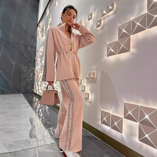 Naotstore - Elegant Sequin-Trimmed Top and Wide-Leg Pants 2-Piece Set