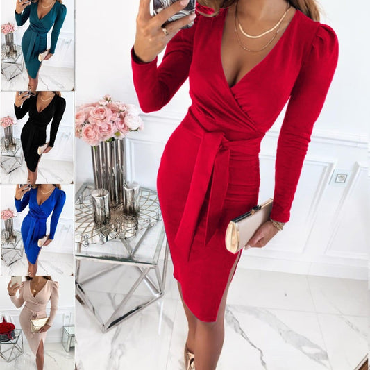 Naotstore - Women's Solid Color V-neck Tight Dress