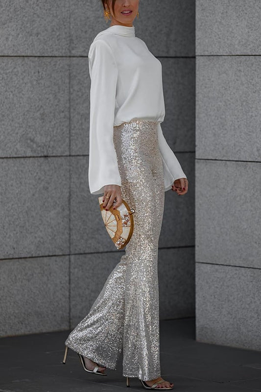 Naotstore - Satin Back Chain Cowl Neck Shirt & Sequined Slim Fit Flare Pants
