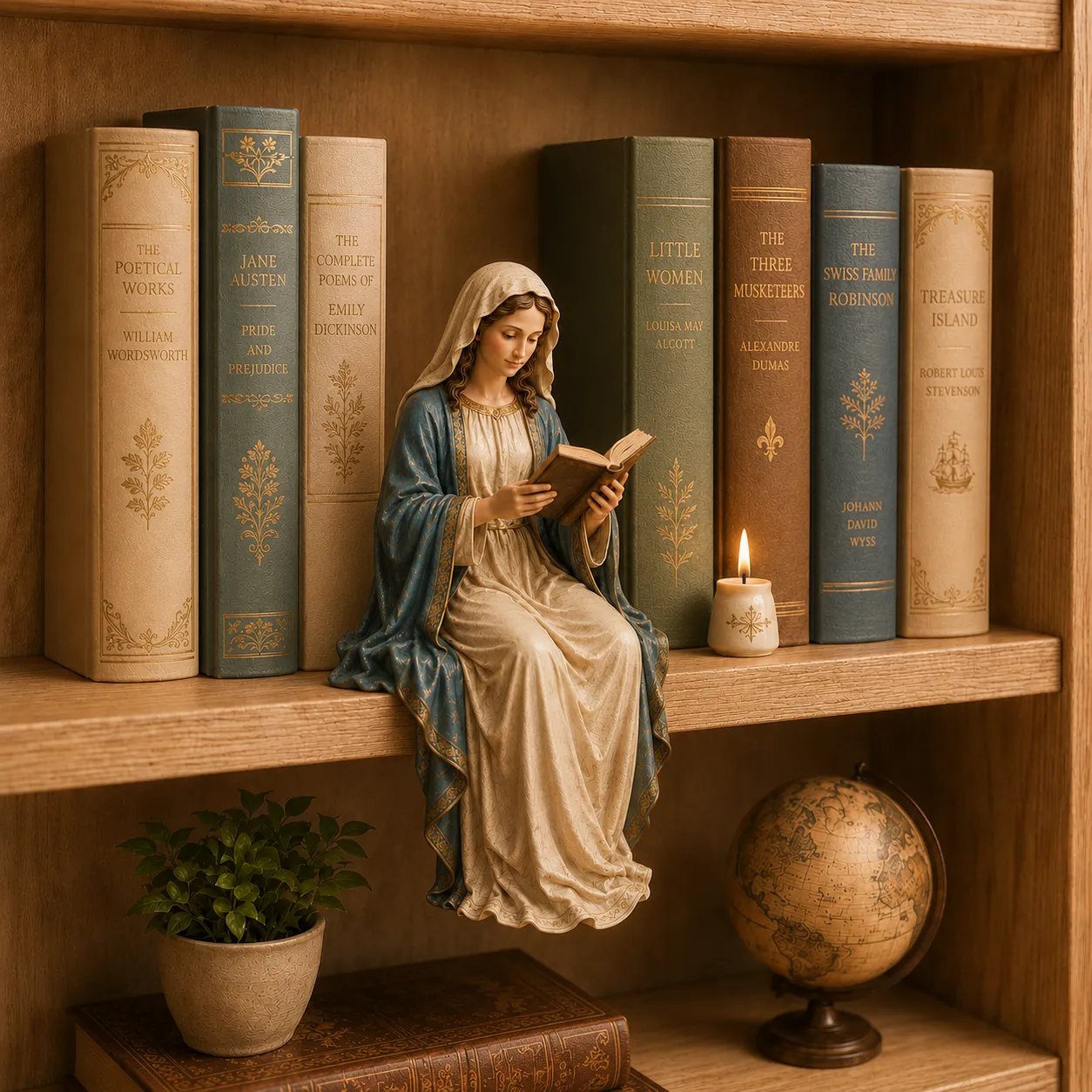 A serene statue of the Virgin Mary reading.