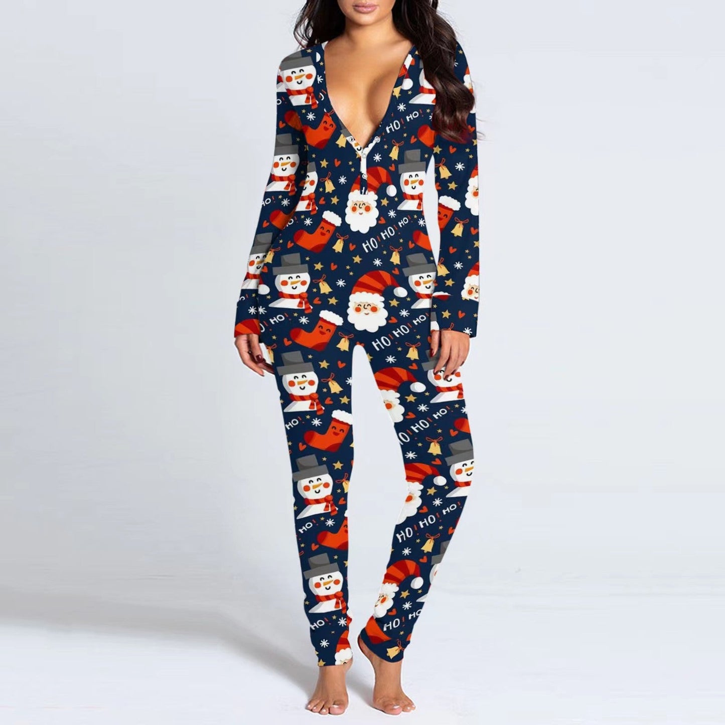 Naotstore - Christmas Button Flap Sexy Jumpsuit For Women