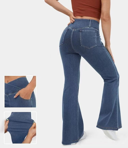 Naotstore - Stretchy Denim High Waisted Crossover Flare Pants