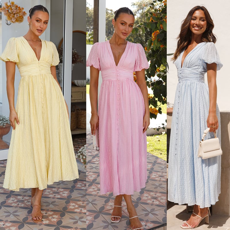 🔥💐Last Day!-49% OFF🎁Rustic V Neck Button Zip Pleated Slit Puff Sleeve Maxi Dress - naotstore