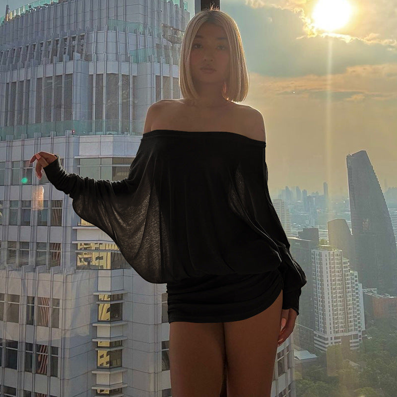 Off-shoulder sheer long-sleeved mini dress