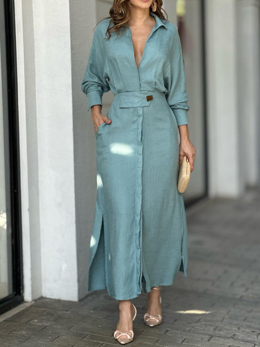 Naotstore - Fashion Cotton Linen Solid Color V-neck Dress