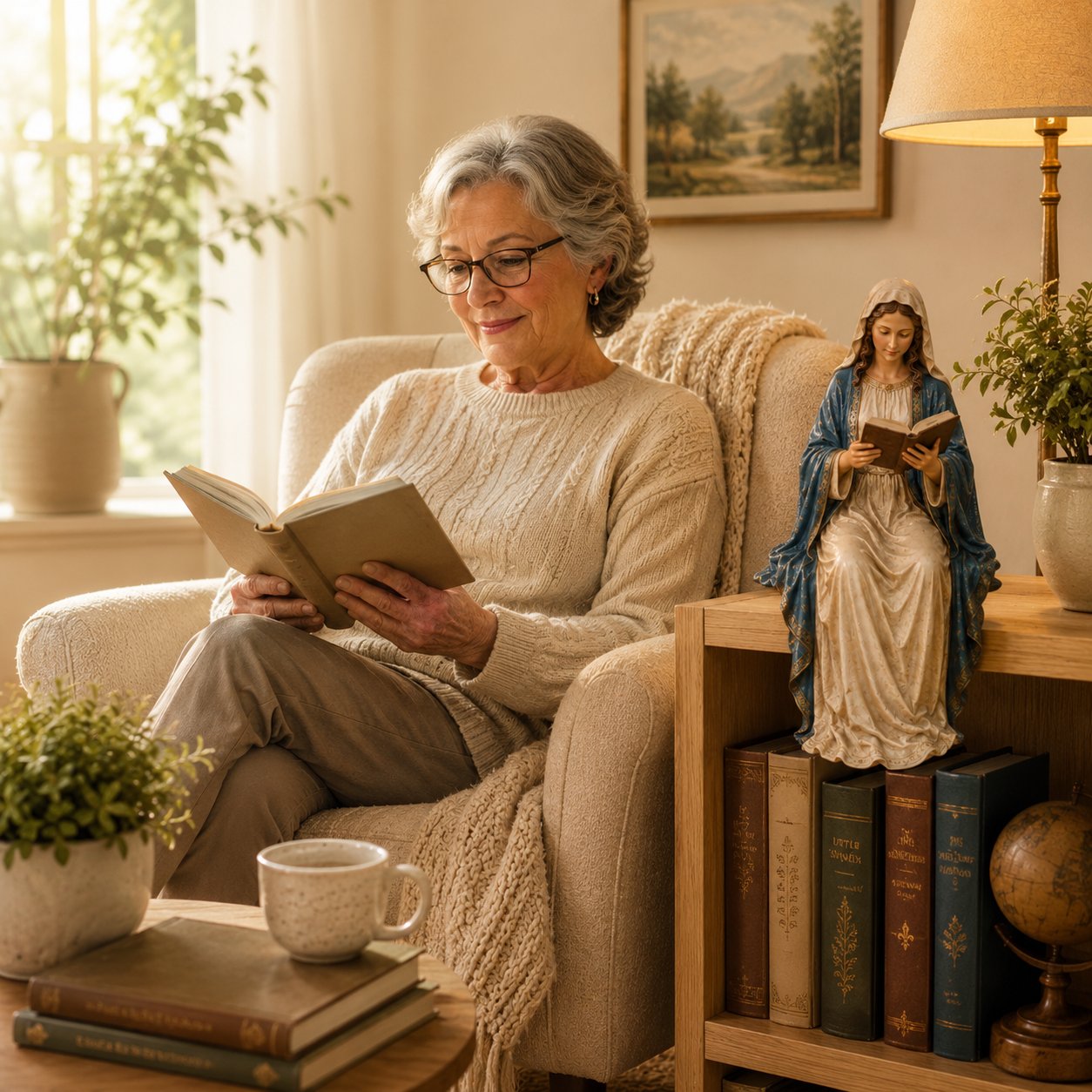 A serene statue of the Virgin Mary reading.