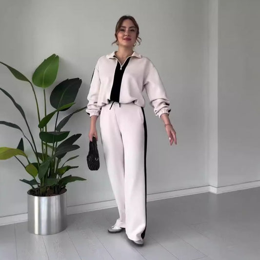 Naotstore - Women's Zipper Lapel Tops & Pants 2-Piece Set