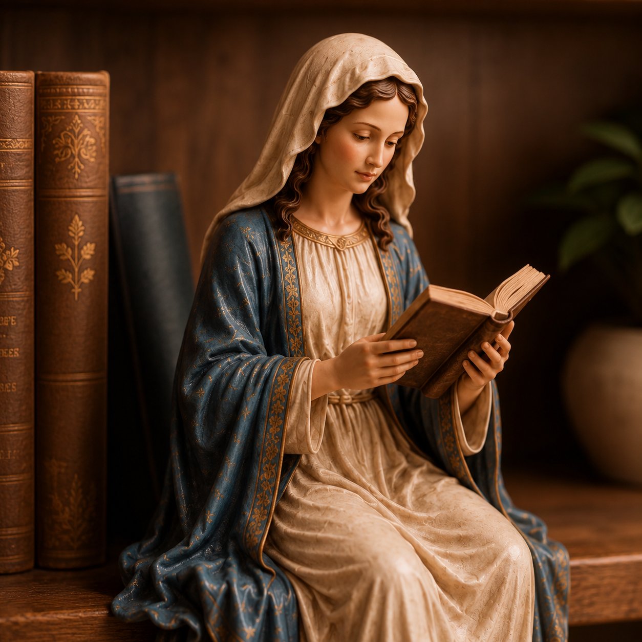 A serene statue of the Virgin Mary reading.