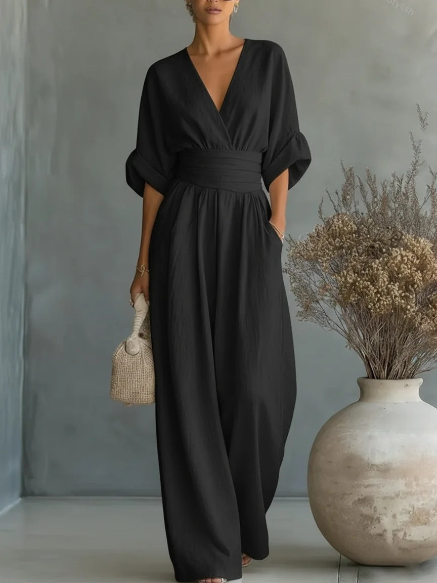 👠👠Hot sale Women's Solid-Color Elegant V-Neck Jumpsuit with Waist-Defining Fit